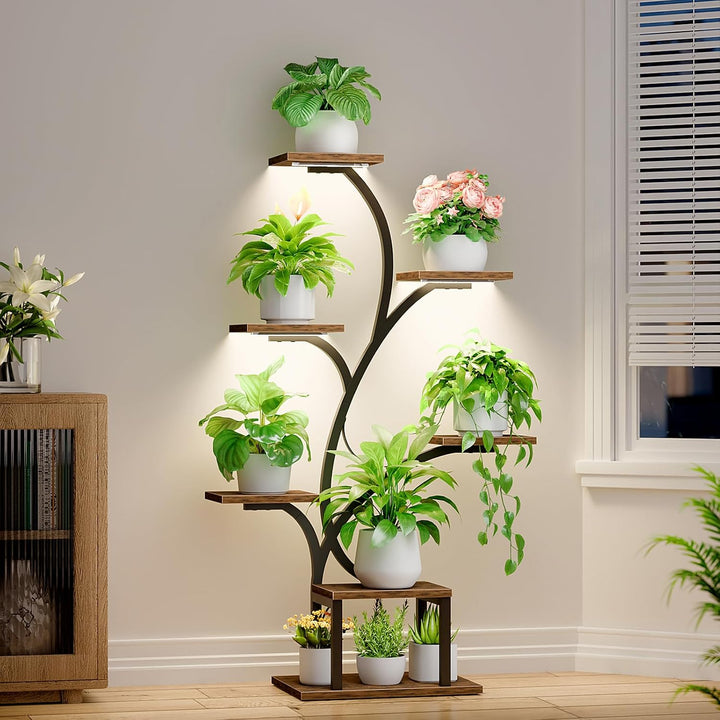 7-Tier Plant Stand with Grow Lights – Black Tree Design