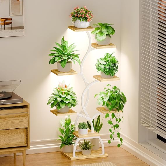 8-Tier White Plant Stand with Grow Lights – 125 cm