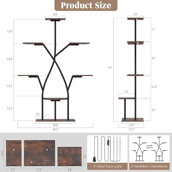 7-Tier S-Shaped Plant Stand with Grow Lights – 50 Inch