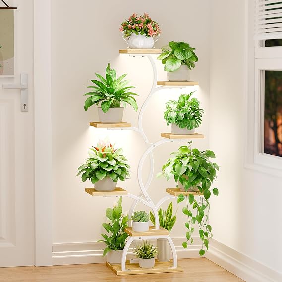 8-Tier White Plant Stand with Grow Lights – 125 cm