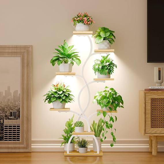 8-Tier White Plant Stand with Grow Lights – 125 cm