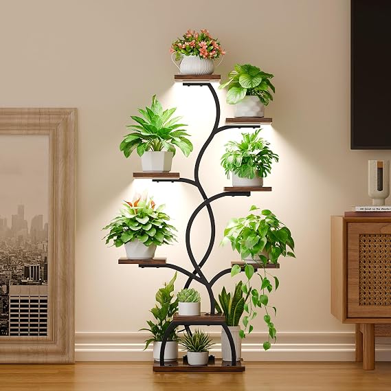 8-Tier Plant Stand with Grow Lights – Black Shelf