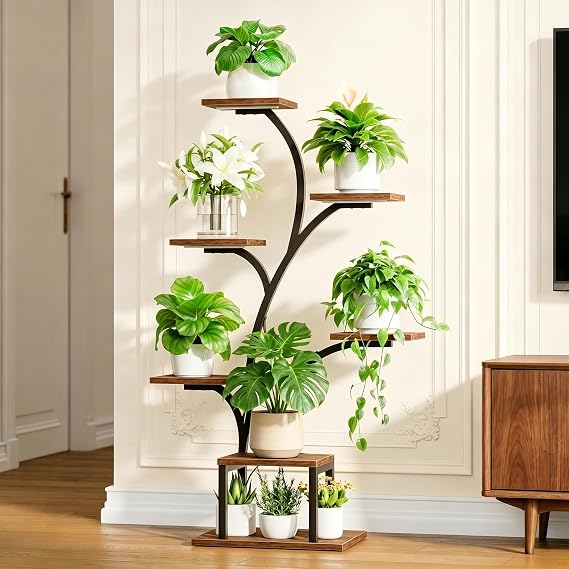 7-Tier Plant Stand with Grow Lights – Black Tree Design