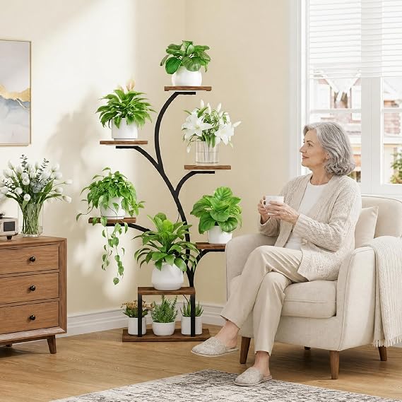 7-Tier Plant Stand with Grow Lights – Black Tree Design