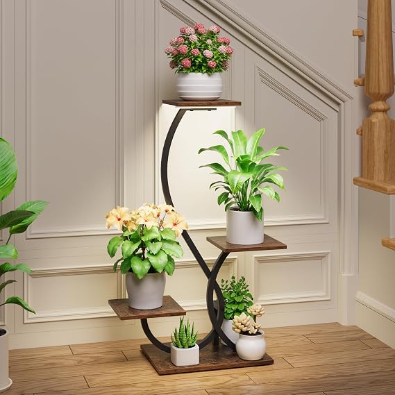 4-Tier S-Shaped Plant Stand with Grow Lights – Black