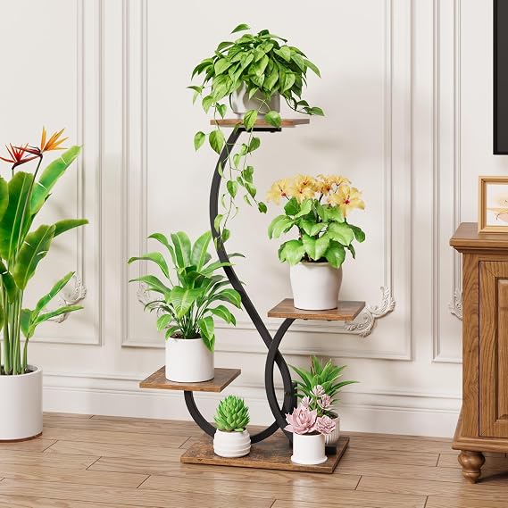 4-Tier S-Shaped Plant Stand with Grow Lights – Black