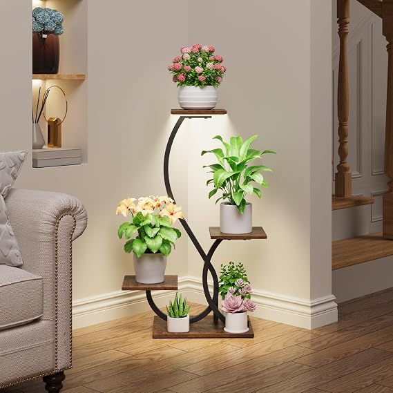 4-Tier S-Shaped Plant Stand with Grow Lights – Black